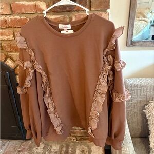 Perfectly Priscilla Brown Ruffle Sweatshirt NWT